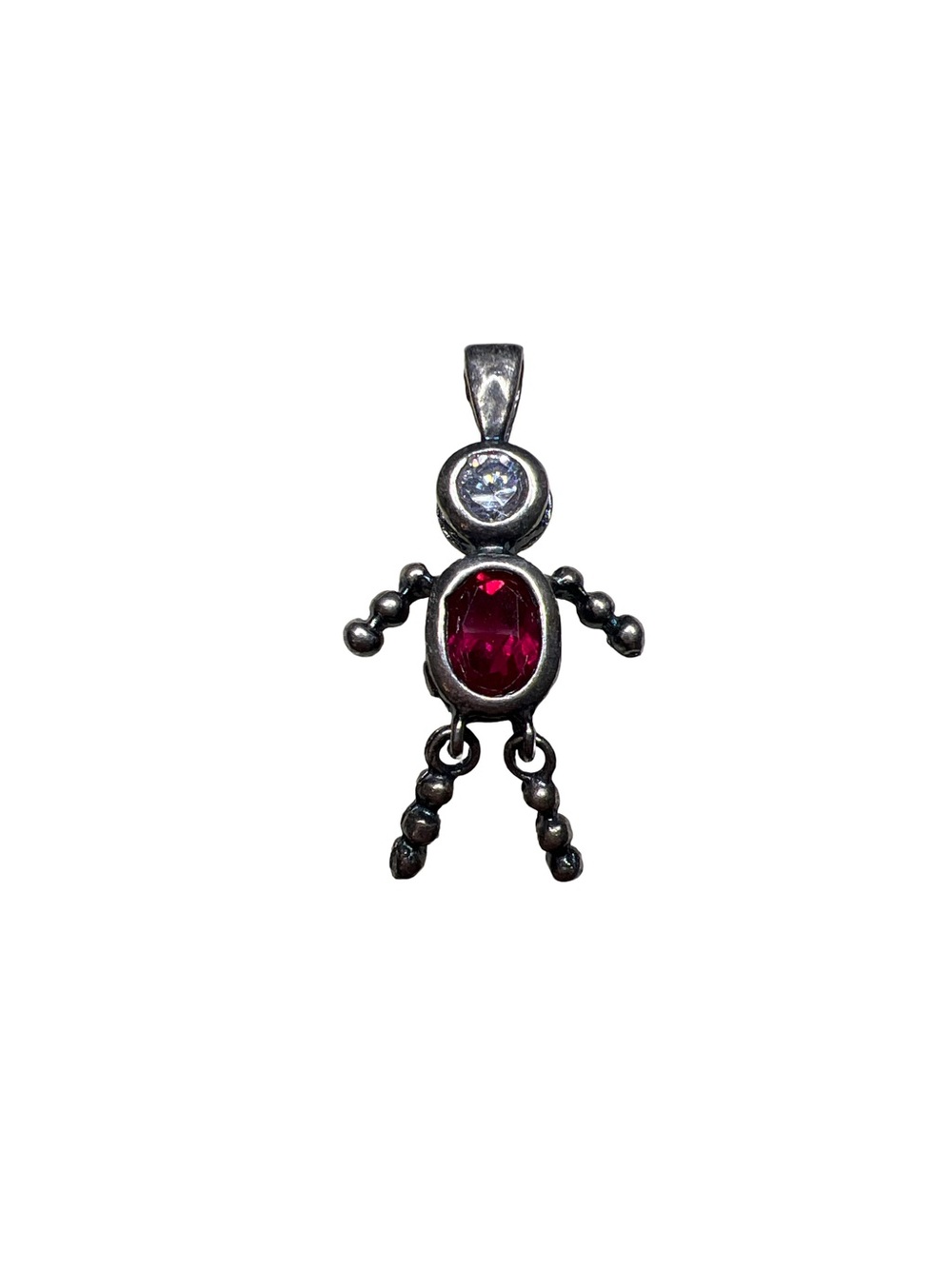 Vintage 925 Sterling Silver  Stick Boy Ruby July Birthstone Pendant Charm